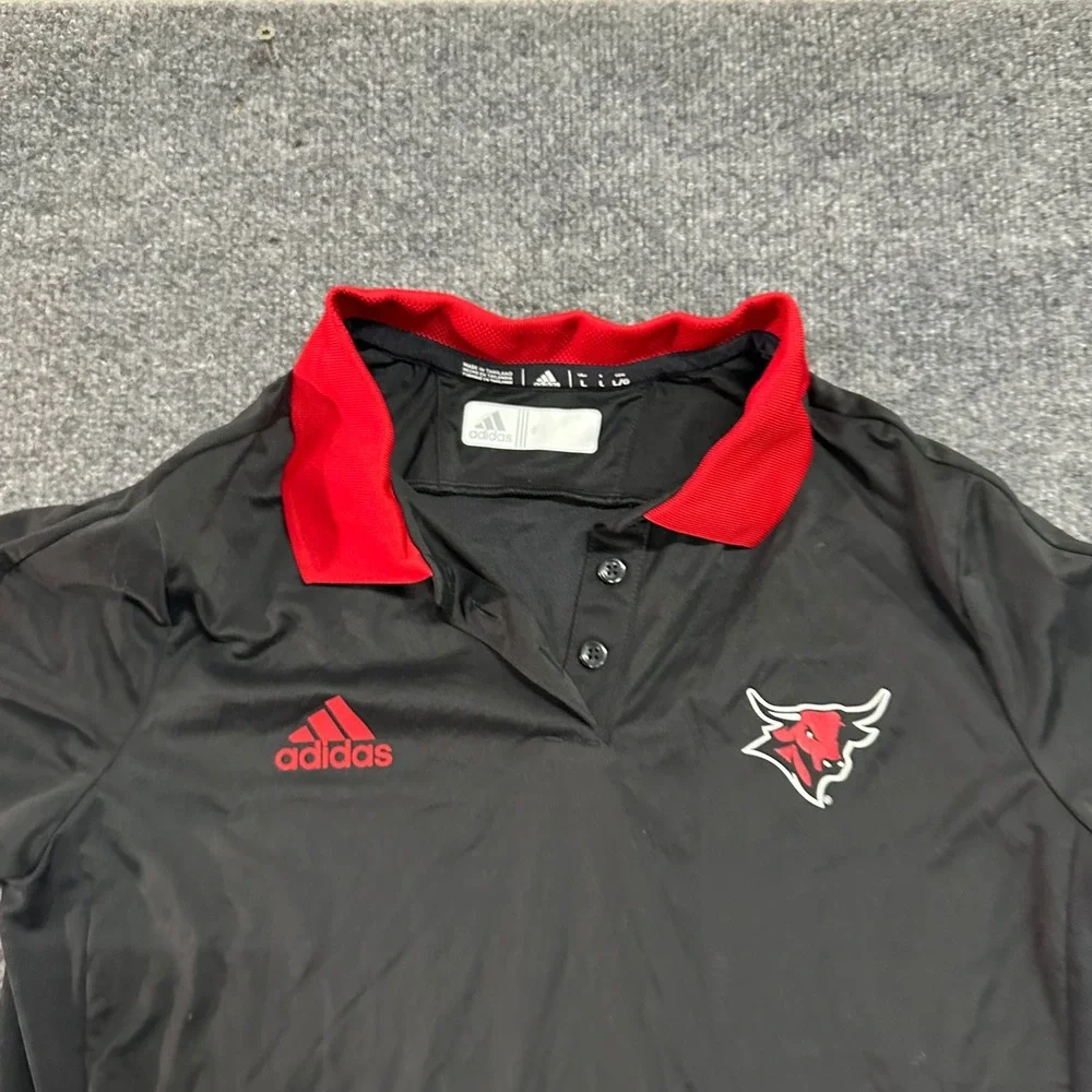 Adidas Polo Mens Size L Black Red Climalite Athletic Short Sleeve Bull Mascot